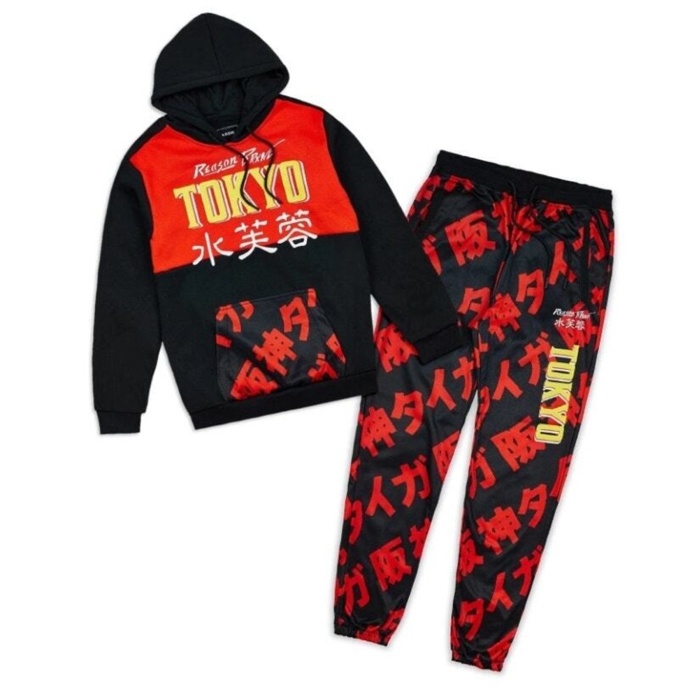 Reason Tokyo Kanji Tracksuit Set Mens Medium Hoodie Sweatpants Black Red Fleece‎